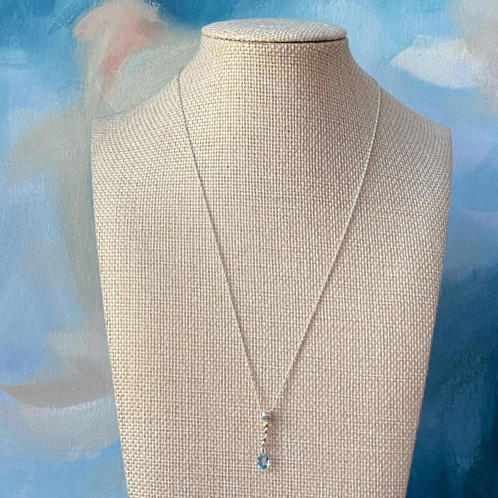 925 Sterling Silver Twisted Pendant Necklace w/Blue Teardrop Aquamarine Gemstone